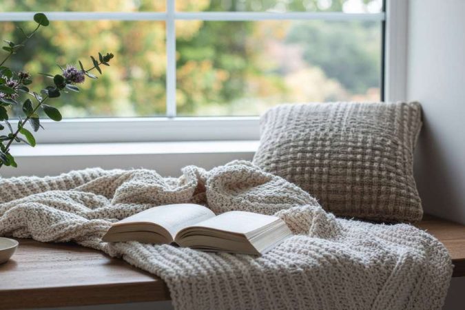 Un livre ouvert repose sur un plaid douillet près d'une grande fenêtre pour créer un coin lecture cosy.