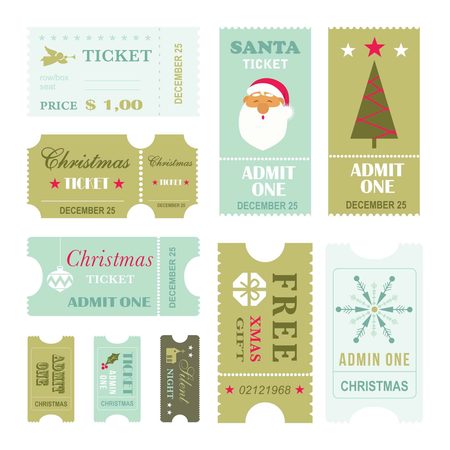 Collection d'illustrations vectorielles de tickets de Noël et de bons cadeaux de style vintage, incluant des visuels du Père Noël, d'un sapin, d'un flocon de neige et la mention "FREE XMAS GIFT", idéaux pour des idées de codes promo de Noël.